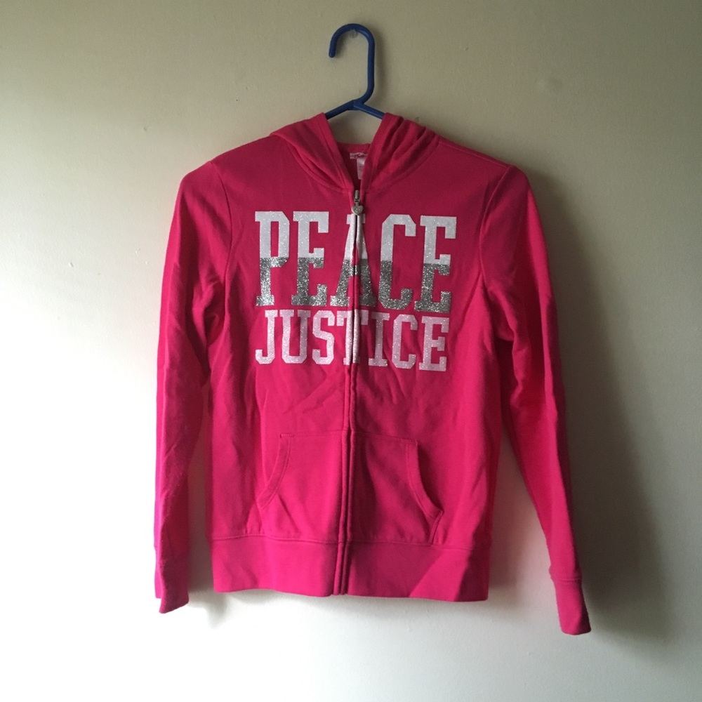pink hoodie with writing